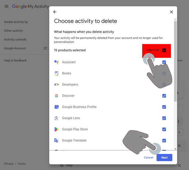 My Google Activity Choose Activity to delete