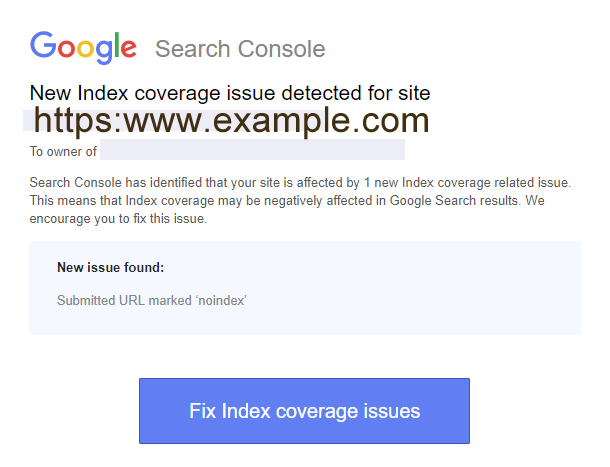 Search Console Index Coverage Issue Message Screenshot