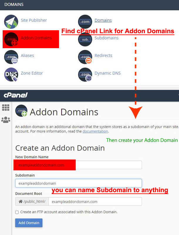 cPanel Addon Domain option link and settings