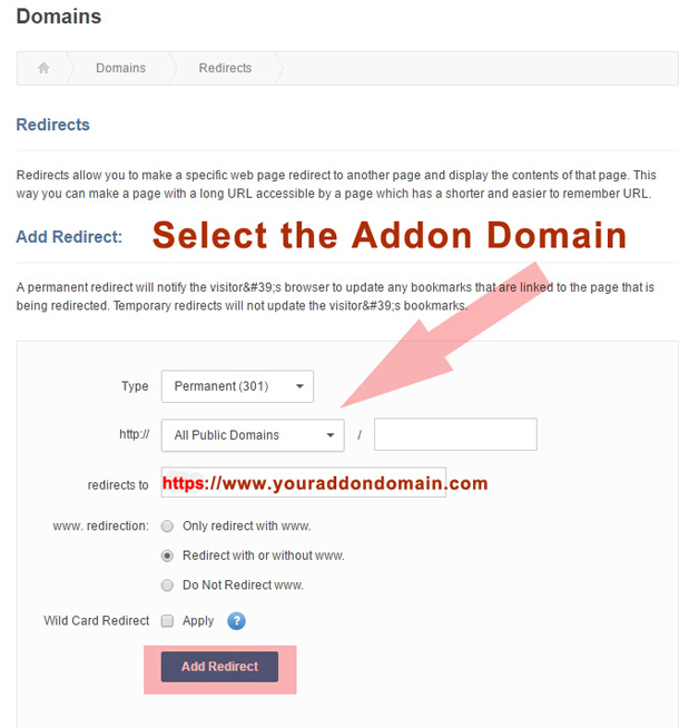 cPanel Domain Redirect option