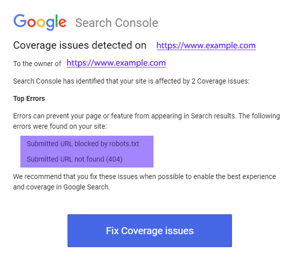 email message from Google Search Console