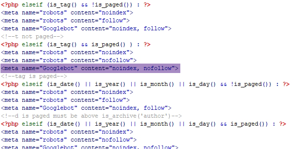 sample PHP condition for setting noindex in WordPress header php