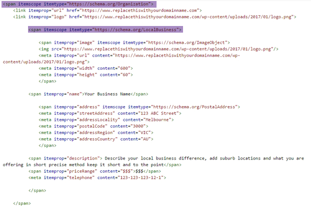 schema markup microdata example for Organization and Local Business