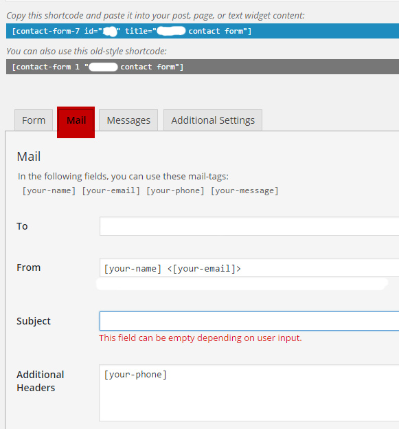 shows contact form 7 configuration options for mail settings