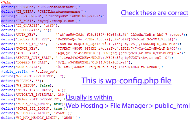 wp config php file WordPress database settings