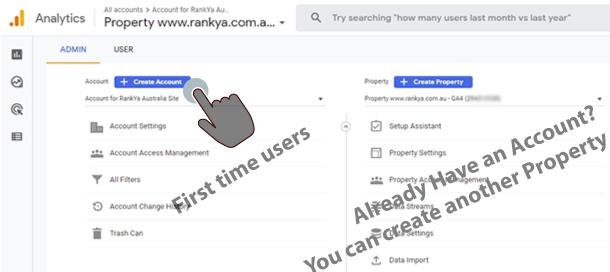 Google Analytics Account Admin User Interface