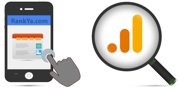 illustration of a webpage inside a Mobile Phone Magnifying Glass Google Analytics
