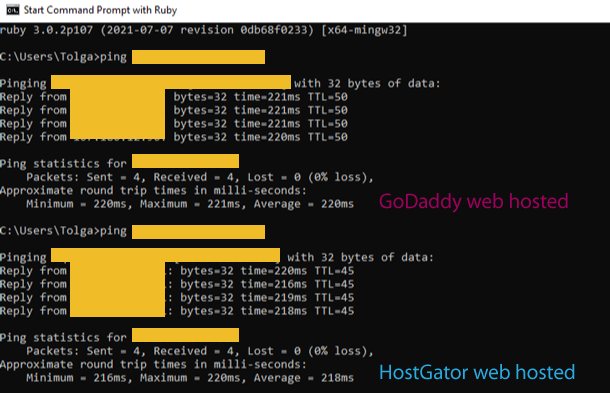 ping request response GoDaddy VS HostGator