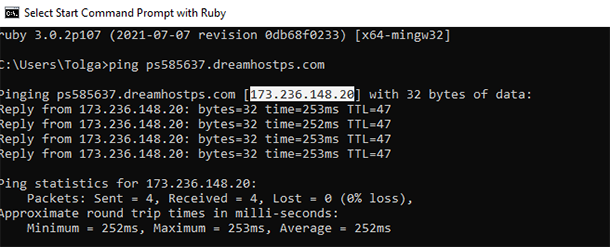 windows command prompt ping request for sample DreamHost VPS