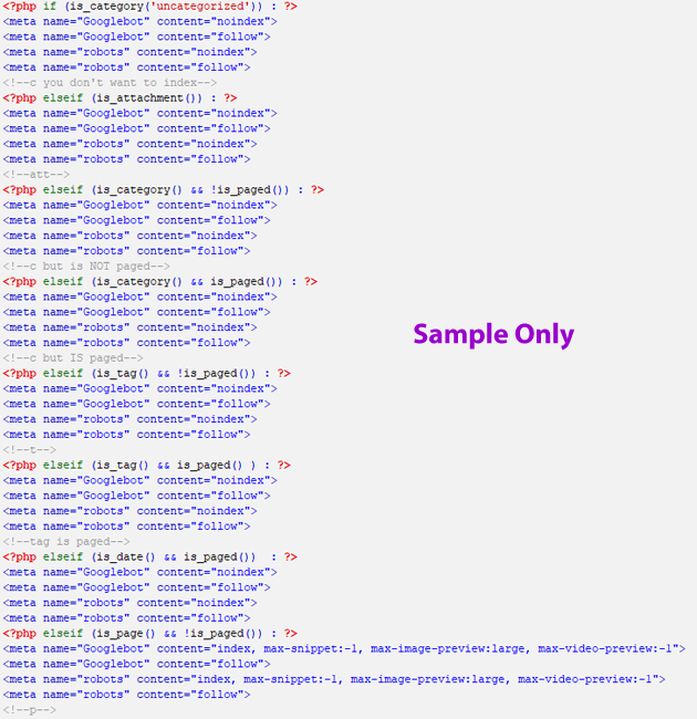 sample no index meta tags for WordPress