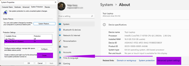 Microsoft Windows 11 System Protection tab in System Properties to Create Restore Point