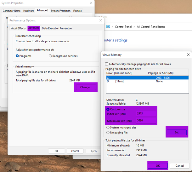 Windows 11 Performance Options for Virtual Memory