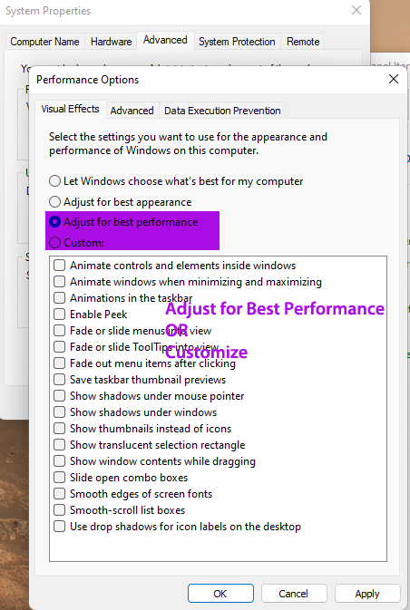 Windows 11 Performance Setting for Visual Effects