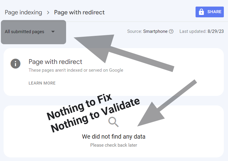 Page indexing Page with redirect Google Search Console Example URLs for all submitted pages