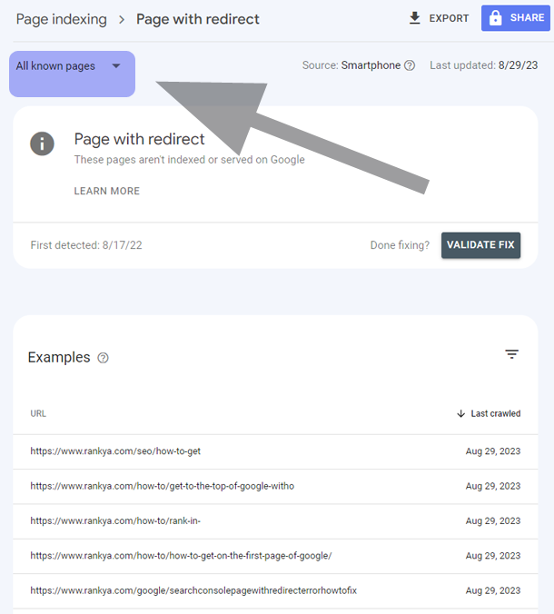 Page indexing Page with redirect Google Search Console Example URLs