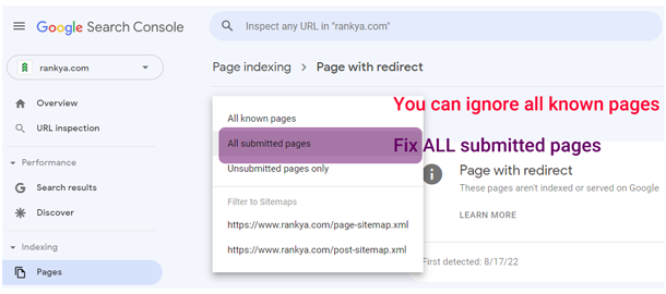 example Google search console Page indexing issues