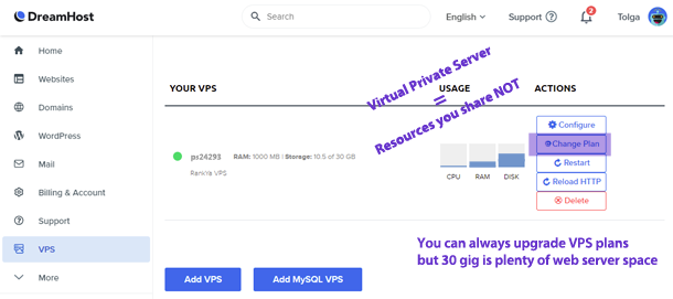 DreamHost VPS settings user interface