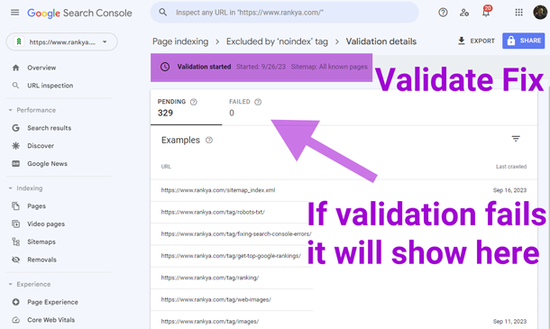 Validation for Excluded by noindex tag issue fixed