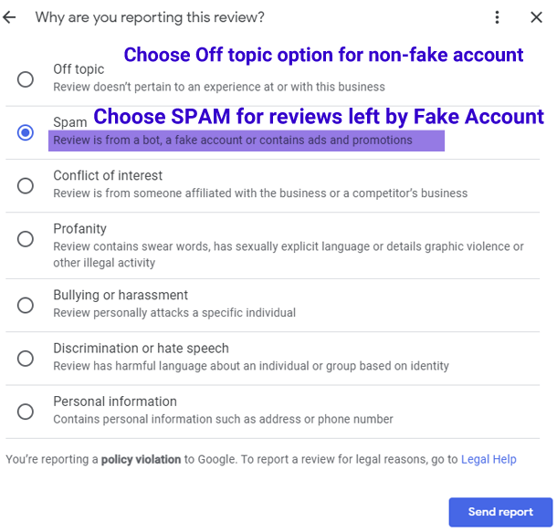 reporting options for Google Business Profile review