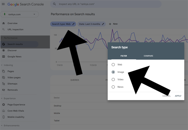 Search Console Google Performance Filter for image
