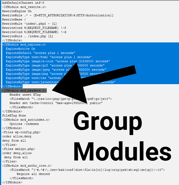 htaccess file optimization grouping modules