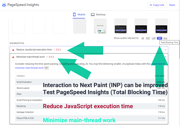 PageSpeed Insights for identifying solutions for INP issues