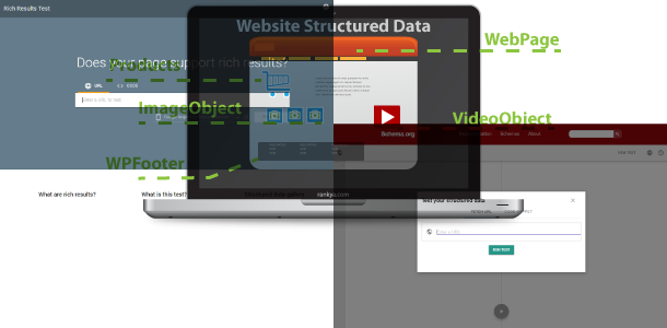 laptop and web page icon with screenshot of Rich Results Tester and Schema Markup Validator