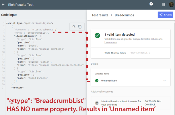 rich results result for BreadcrumbList