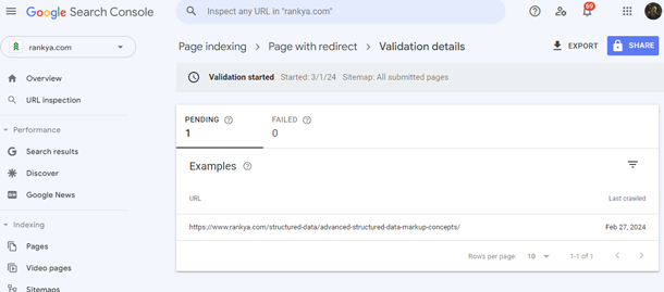 search console page with redirect Validation details
