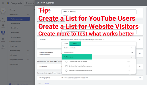 how to create remarketing lists for YouTube users