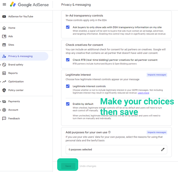 European regulations settings AdSense Ad transparency controls