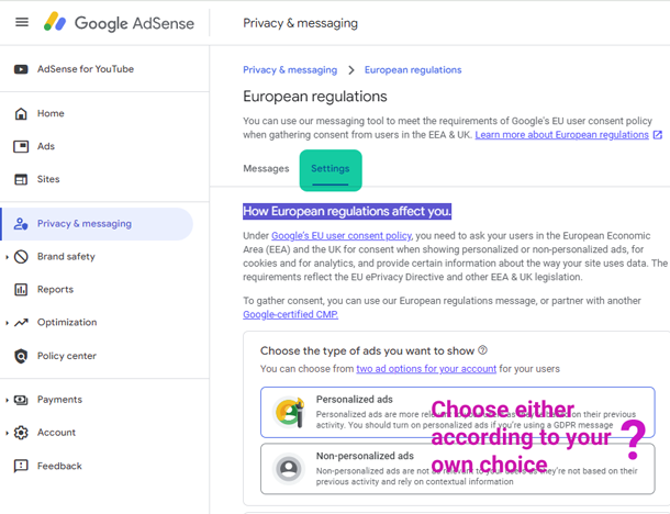 European regulations settings AdSense
