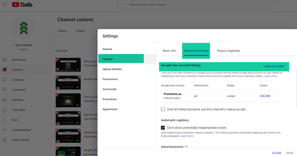YouTube channel Google Ads link option