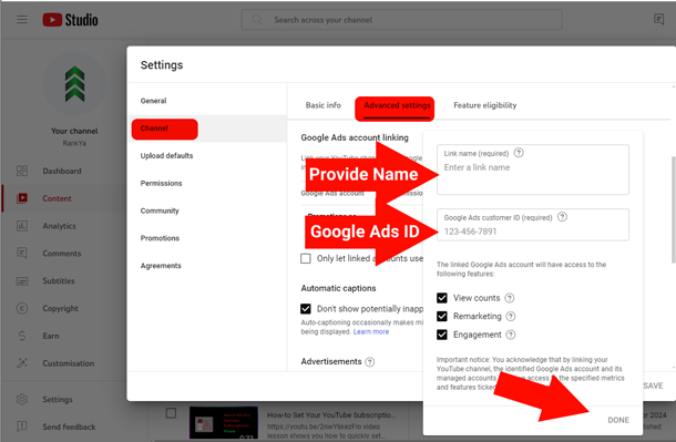 YouTube channel advanced settings