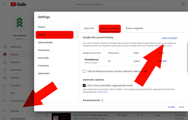 YouTube channel settings