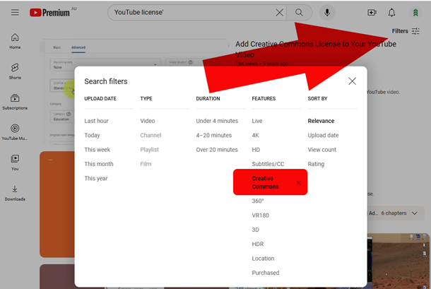 YouTube search filters