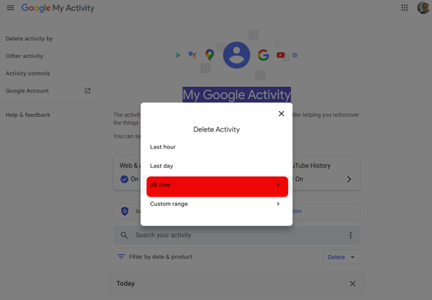 My Google Activity Delete by time range