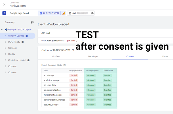 google tag assistance debug for consent mode