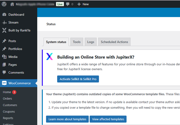 screenshot showing JupiterX contains outdated copies of some WooCommerce template files error