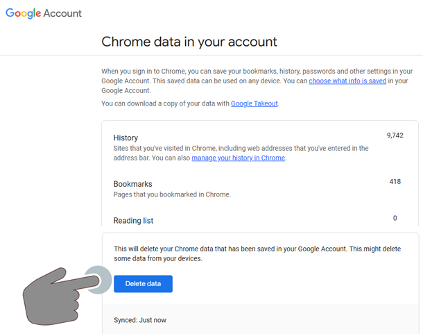 delete option for Chrome data in Google Account