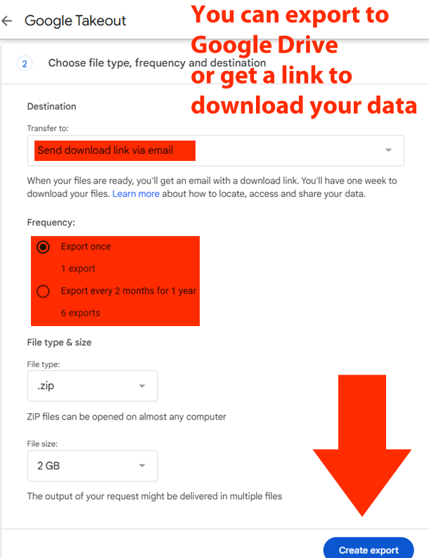 Google Takeout Export Options