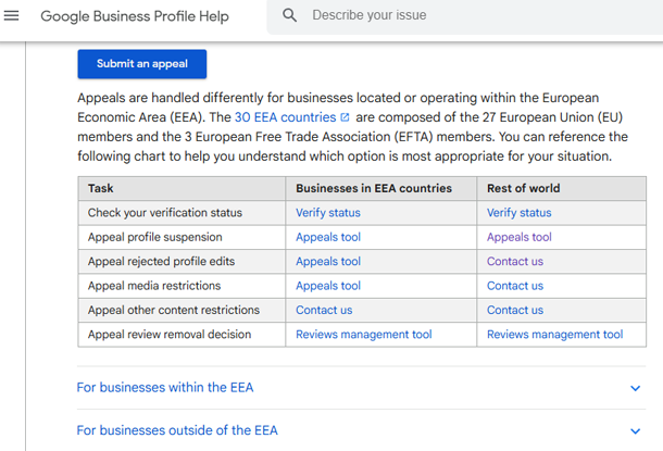 Options to Appeal Business Profile Suspension