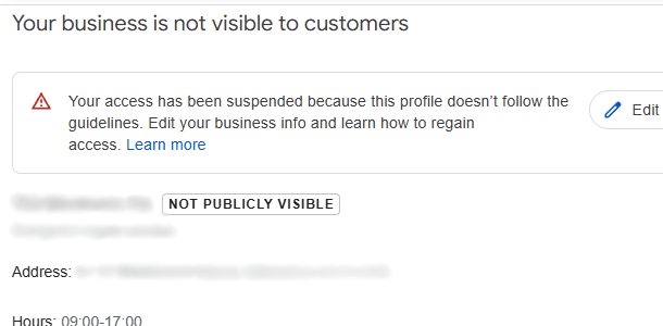 suspended Google Business Profile message