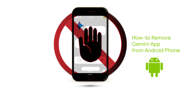 illustration of smartphone, no-entry hand symbol, and android robot logo