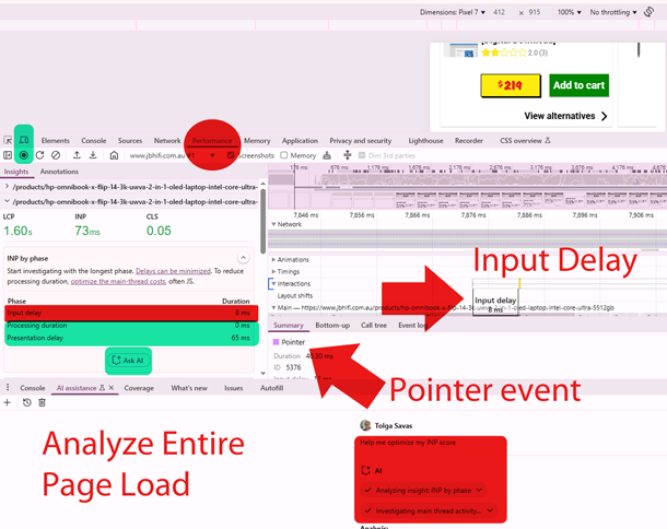 Chrome Web Developer Tool for INP Analysis 