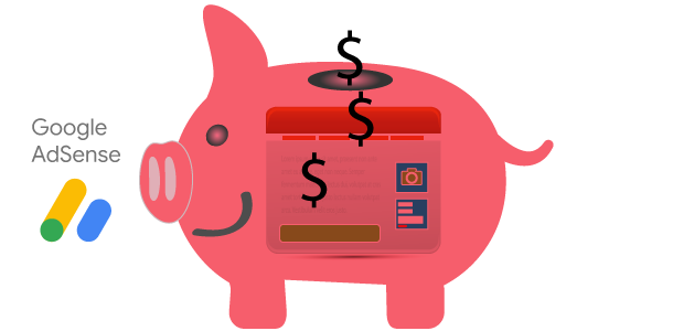 Piggy webpage dollar icon next to Google AdSense logo