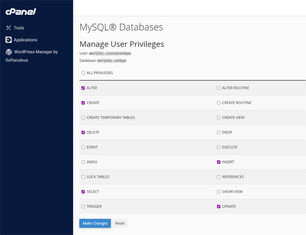 cPanel MySQL Databases Manage User Privileges Option