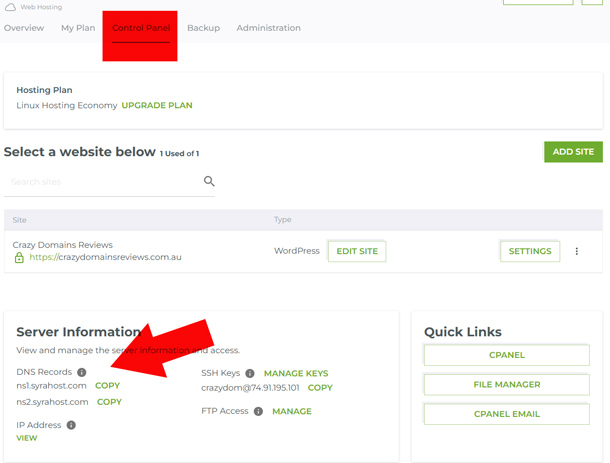 crazy domains web hosting control panel