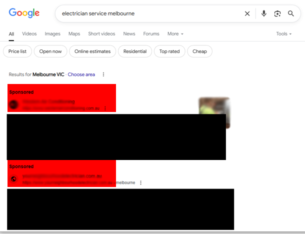 example google search for sponsored results