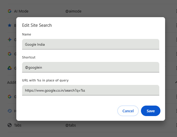 Modify Shortcut for Search Google India Chrome Setting Add Site Search